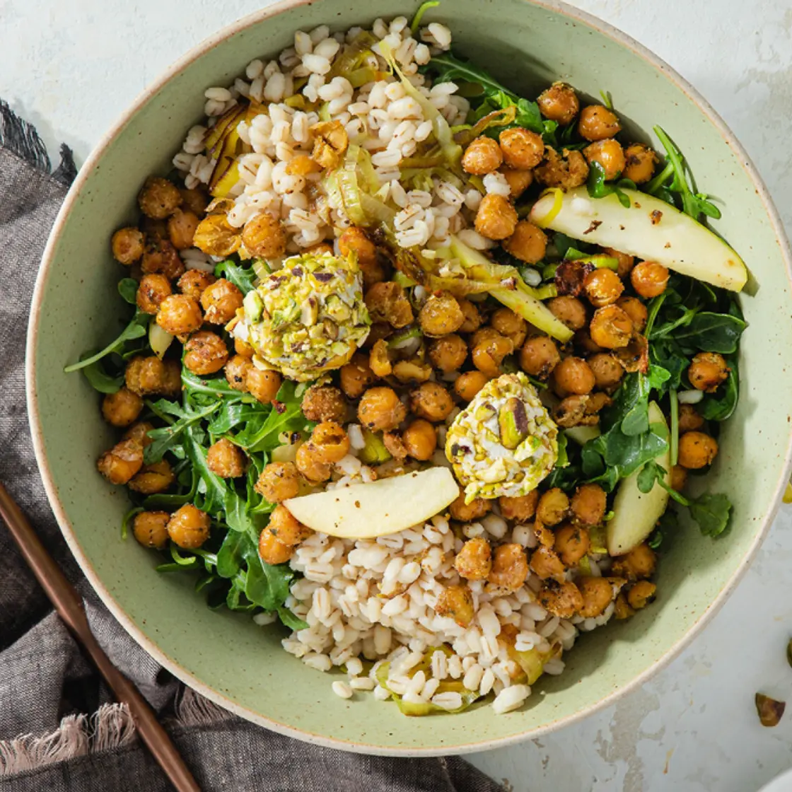 Ancient Grain Bowls with Crispy Chickpeas & Pistachio Cashew Cheese