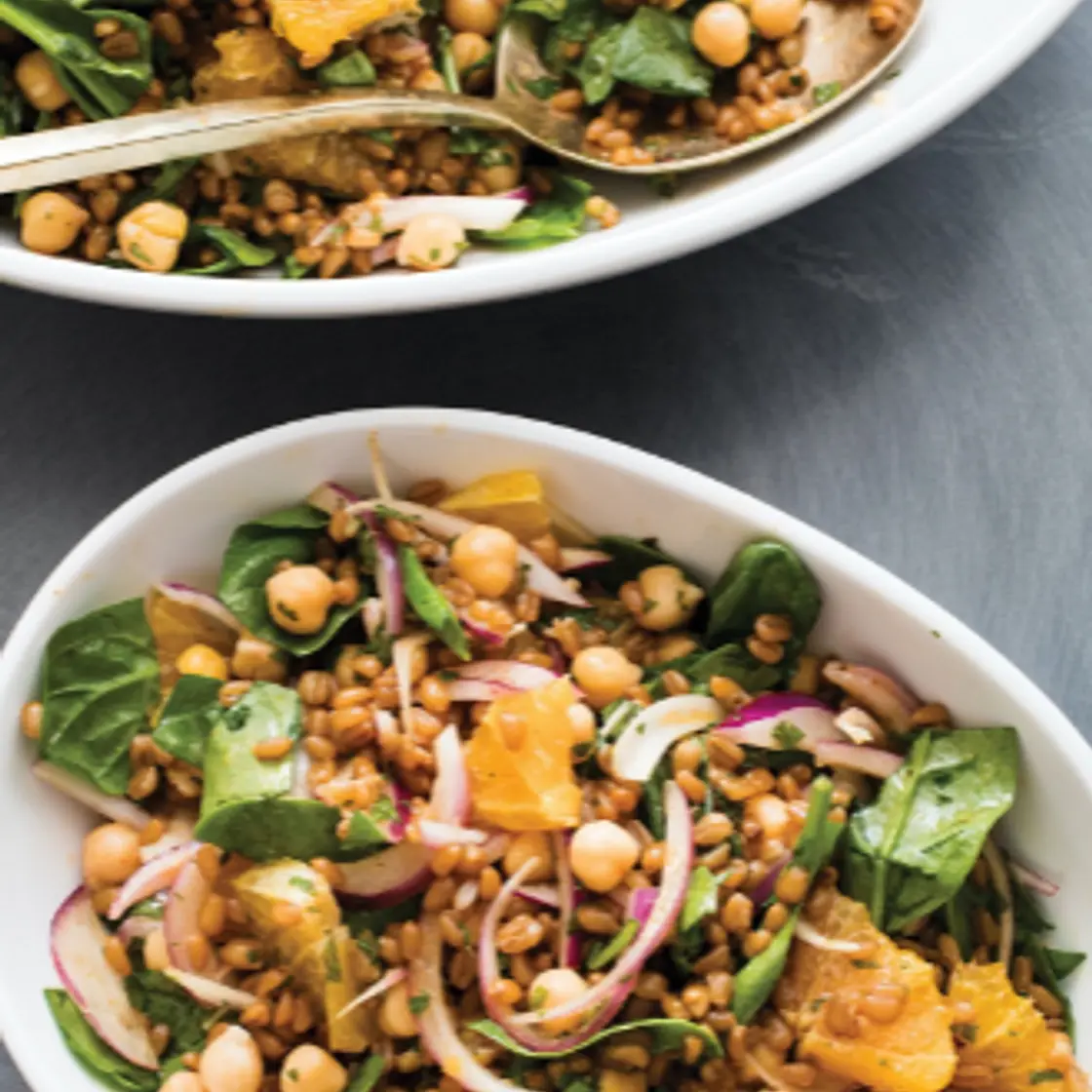 Wheat Berry Salad with Chickpeas, Spinach, and Orange (More...p. 171)