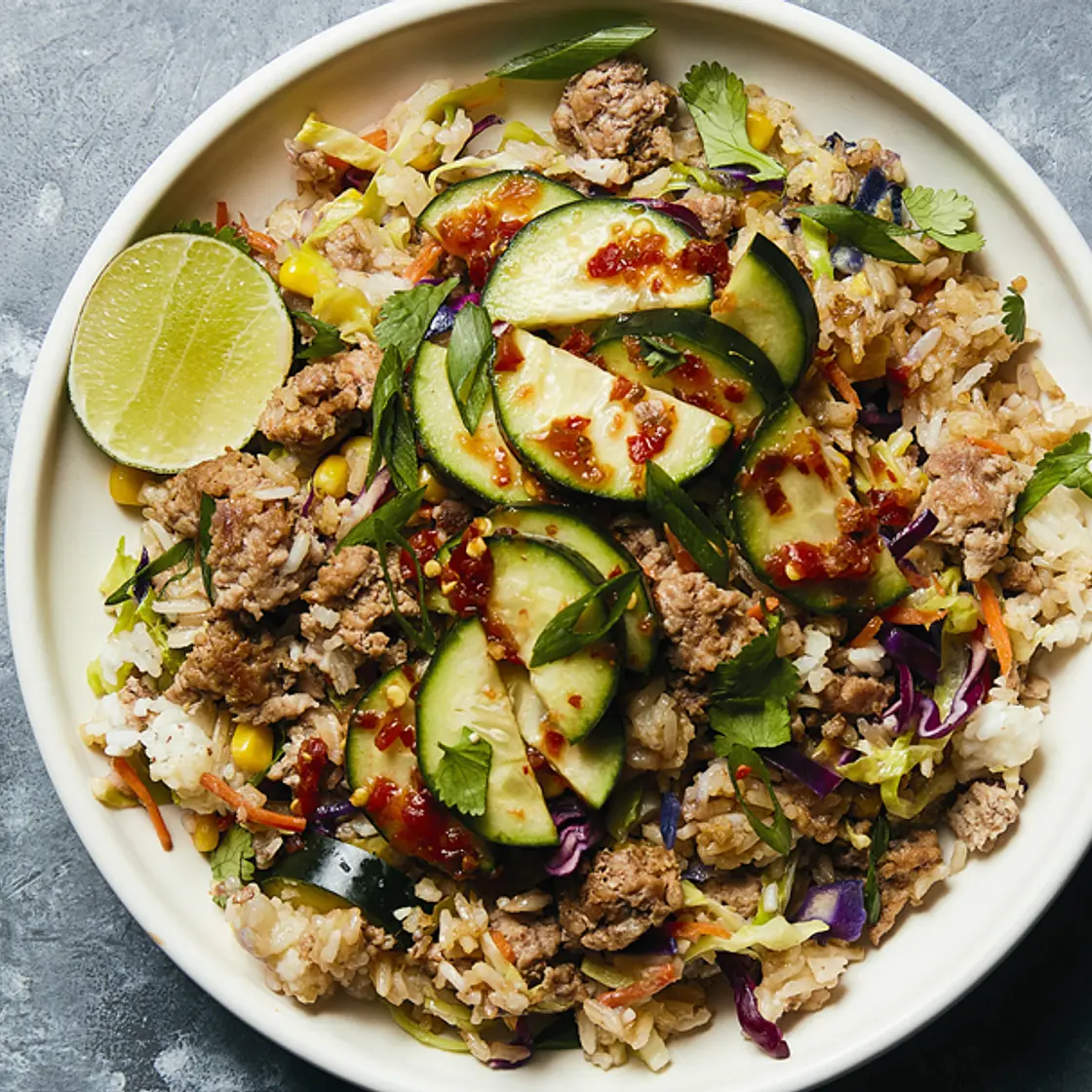 Pork Nasi Goreng with Spicy Cucumber and Lime