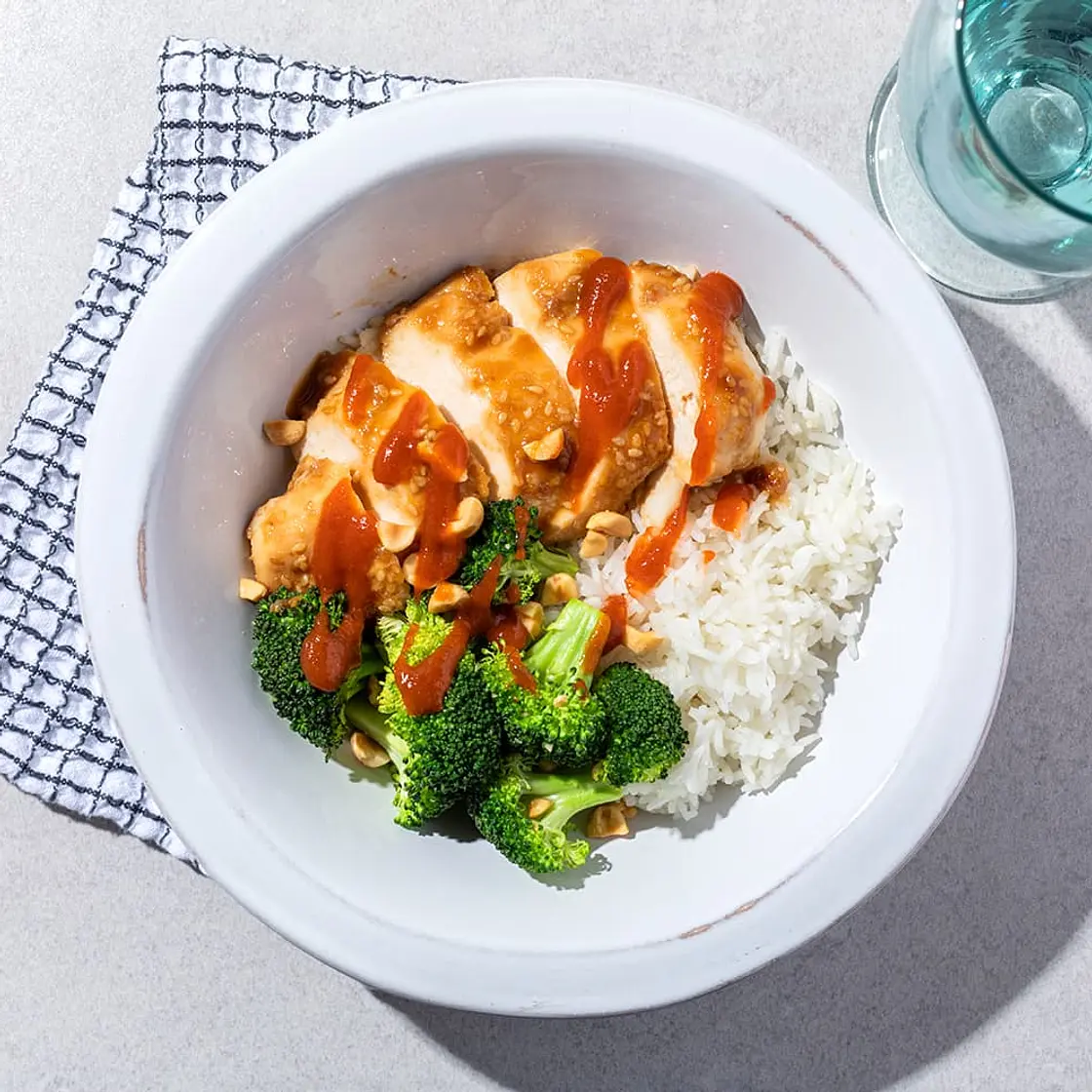 Teriyaki-Glazed Chicken with Roasted Broccoli in Peanut Sauce