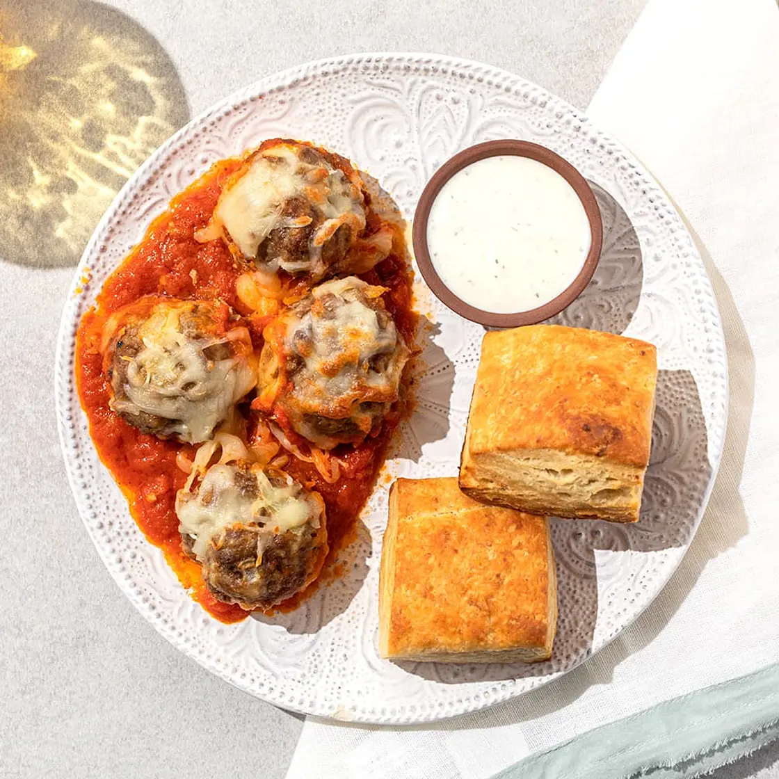 Sausage Pizza Meatballs with Roasted Broccoli & Buttermilk Ranch