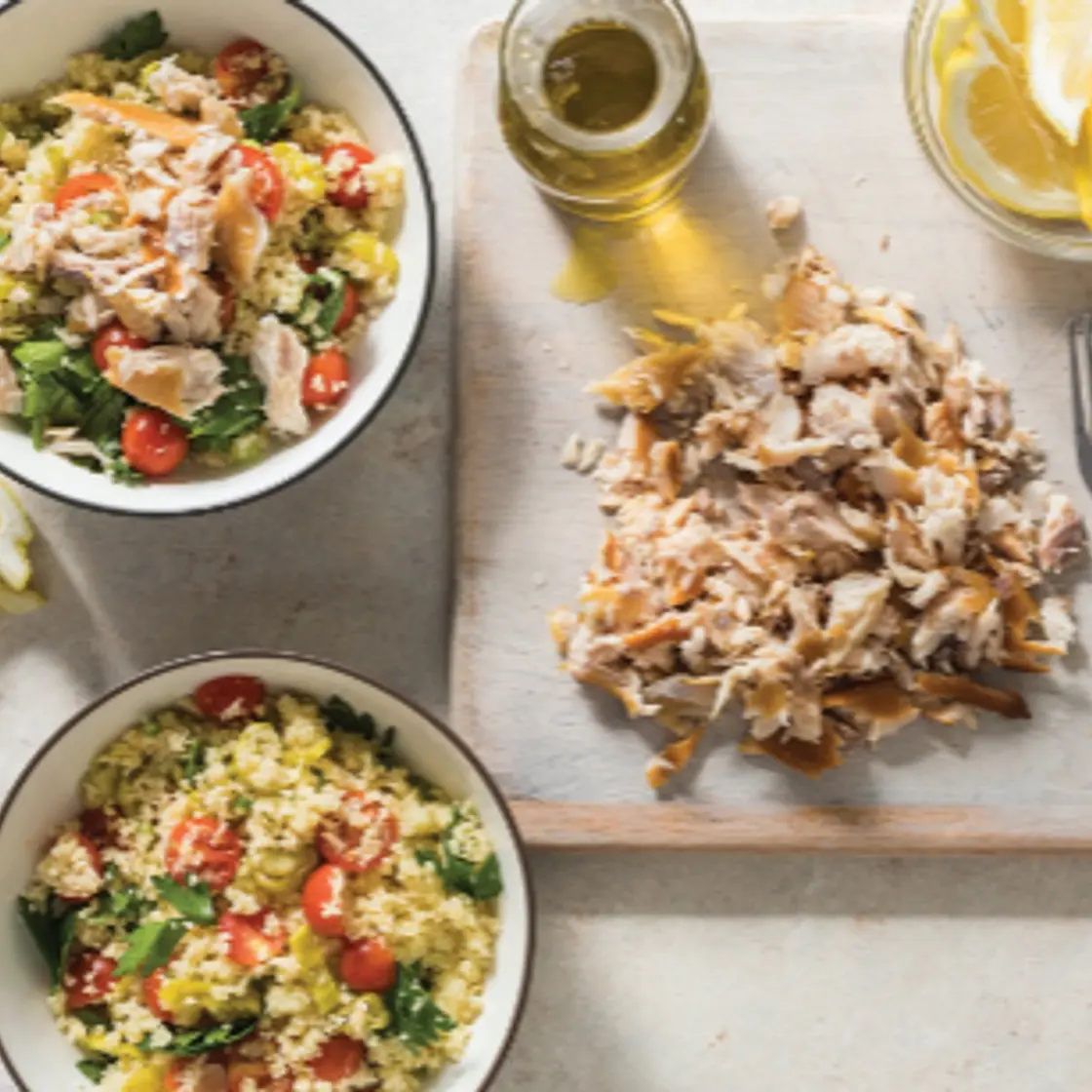 Couscous Salad with Smoked Trout, Tomatoes, and Pepperoncini (more...Test Kitchen p. 322)