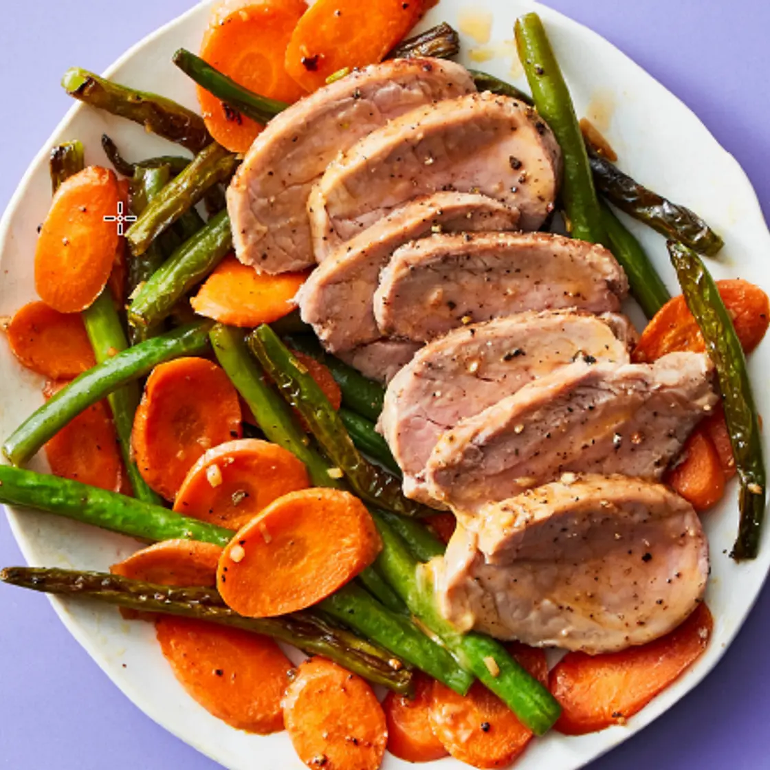 Roasted Pork Tenderloin with Green Beans, Carrots and Sriracha Butter