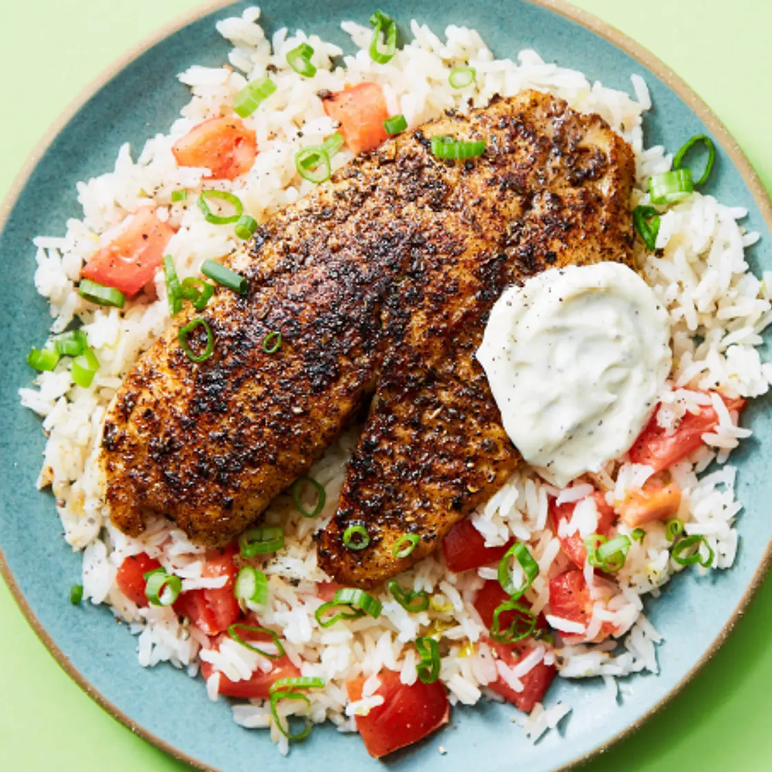 Blackened Tilapia with Tomato Rice & Garlic Aioli