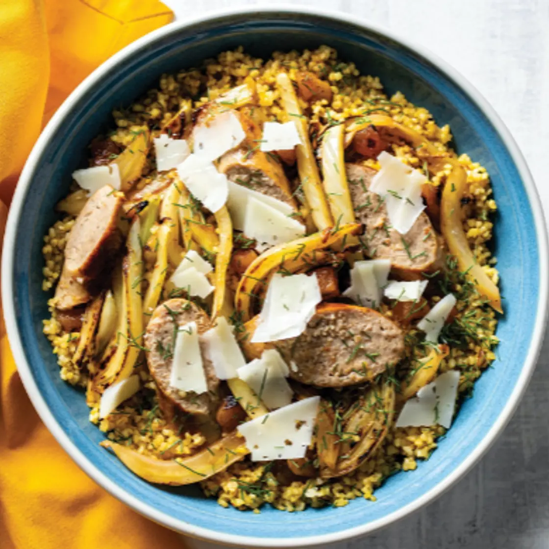 Saffron Bulgur with Fennel and Sausage (More...Test Kitchen p. 241)