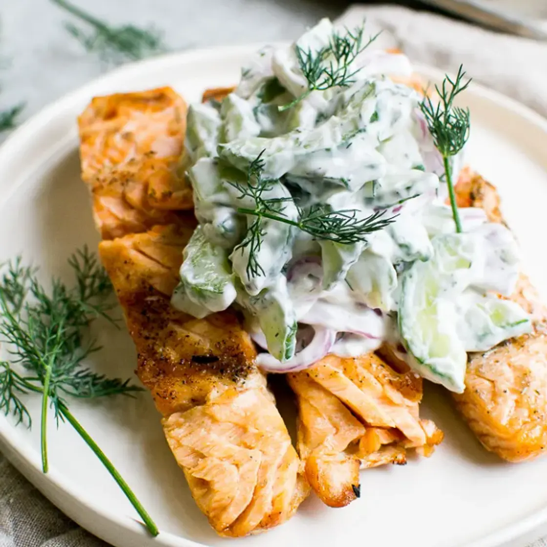 Glazed Salmon with Cucumber Dill Salad