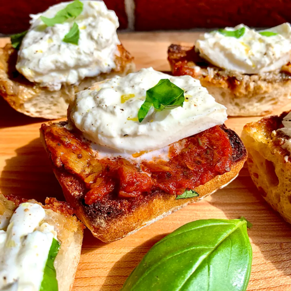 The Easiest Eggplant Burrata Bruschetta Ever