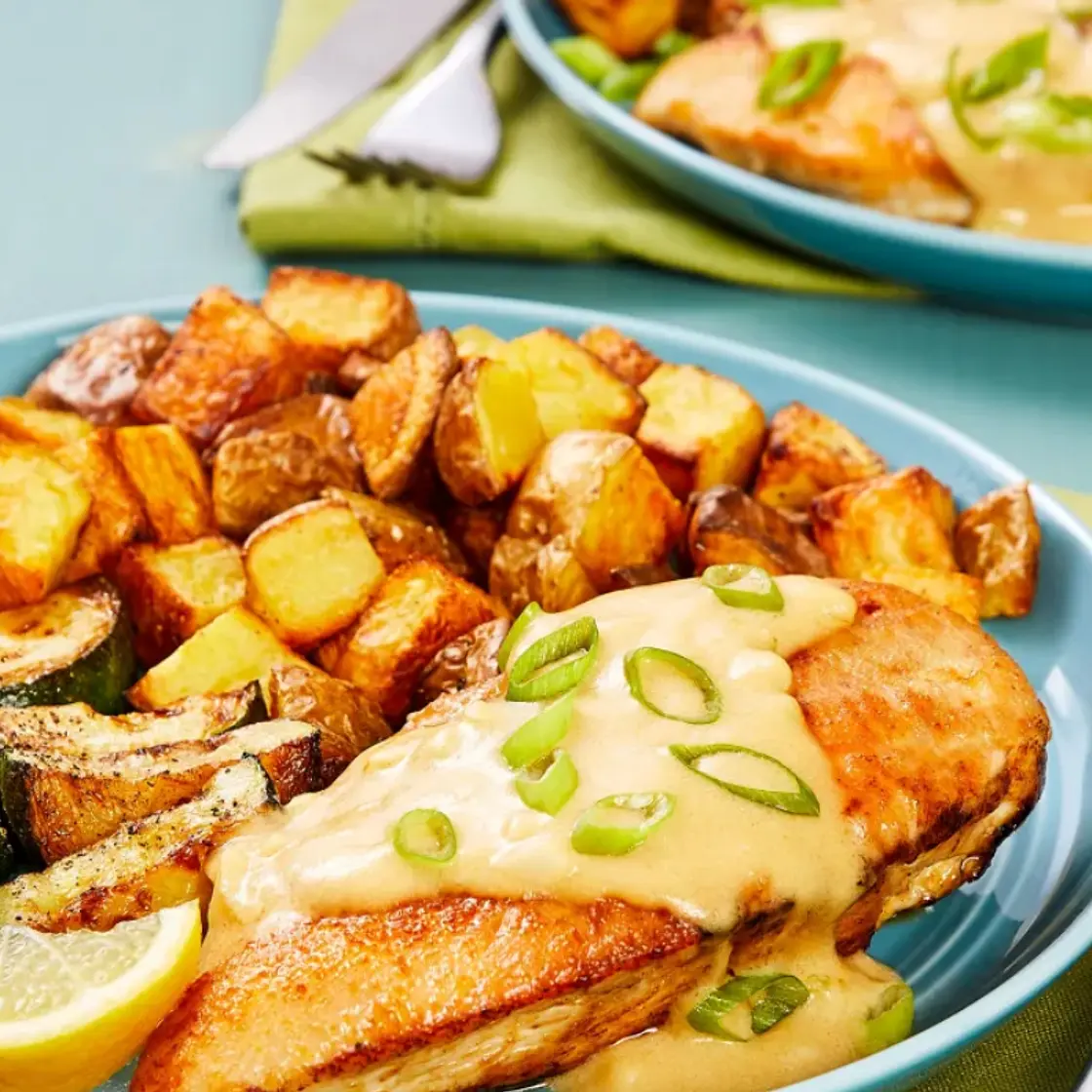 Chicken Scallopini in a Lemon-Garlic Cream Sauce with Roasted Zucchini and Potatoes
