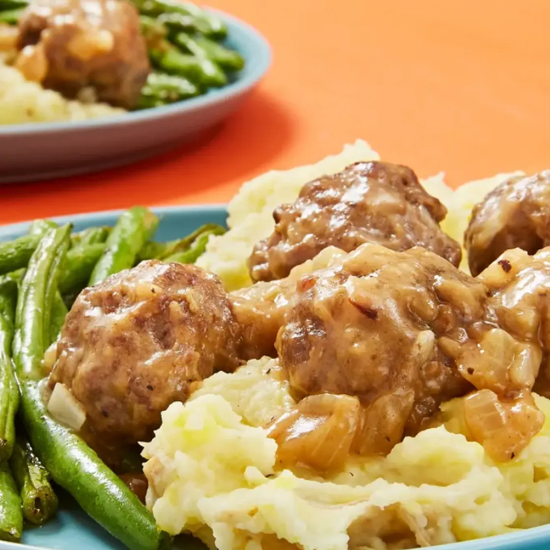 Gravy Lovers Meatballs with Green Beans and Garlic Mashed Potatoes