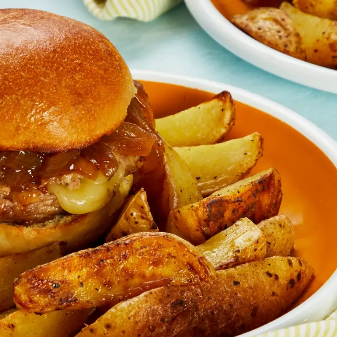 Gooey Stuffed Pork Burgers with BBQ Onion and Crispy Potato Wedges