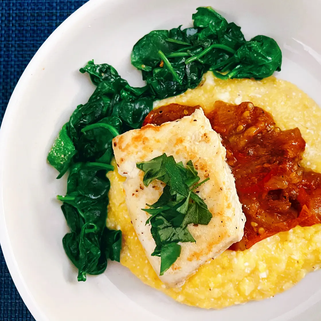 Halibut with Jammy Tomato and Ricotta Polenta