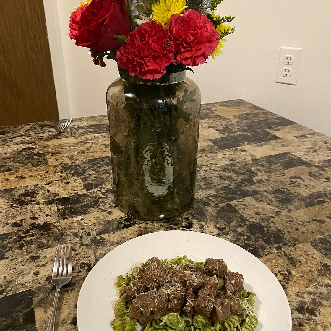 Avocado Pasta with Roasted Garlic Butter Steak Bites