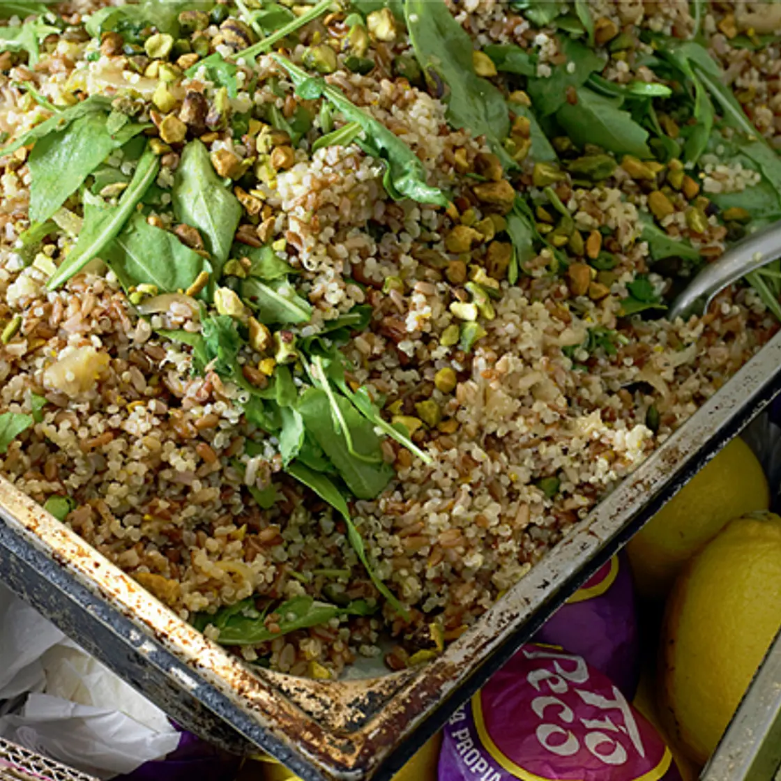Camargue red rice and quinoa with orange and pistachios