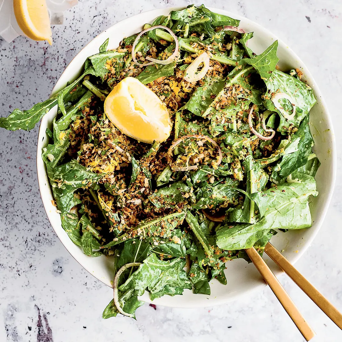 dandelion green salad with lemon-caraway bread crumbs and herb dressing
