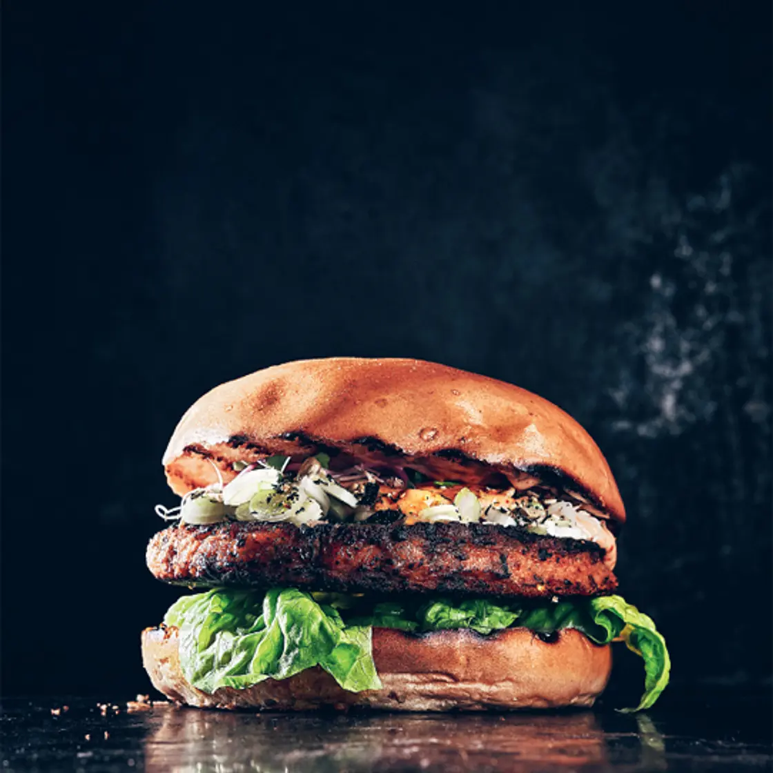COURGETTE AND MUNG BEAN BURGER with Sriracha mayonnaise and furikake