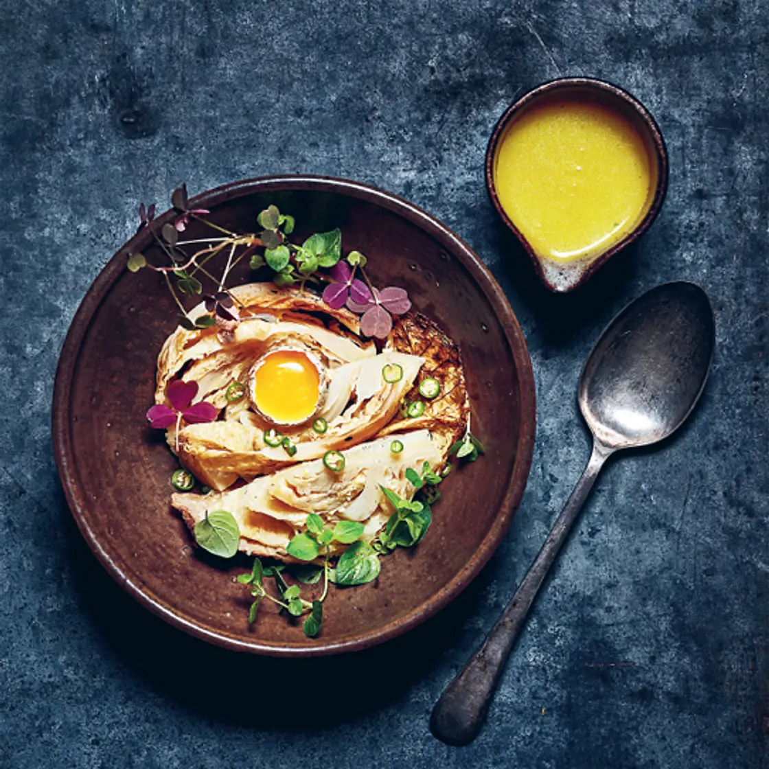 CHARCOAL-ROASTED SAVOY CABBAGE with lemon sauce and quail’s egg