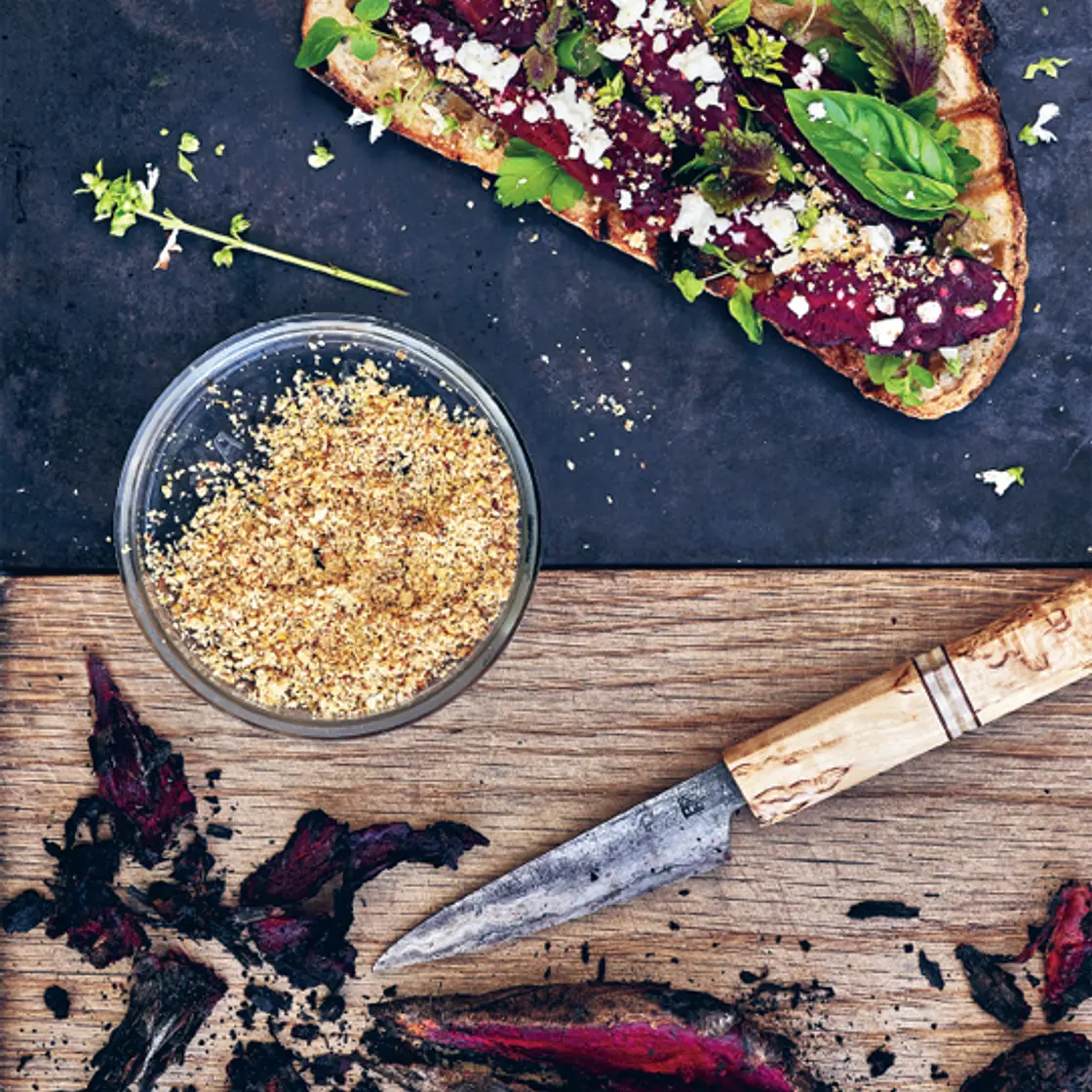 CHARCOAL-ROASTED RED BEETROOT with feta and dukkah