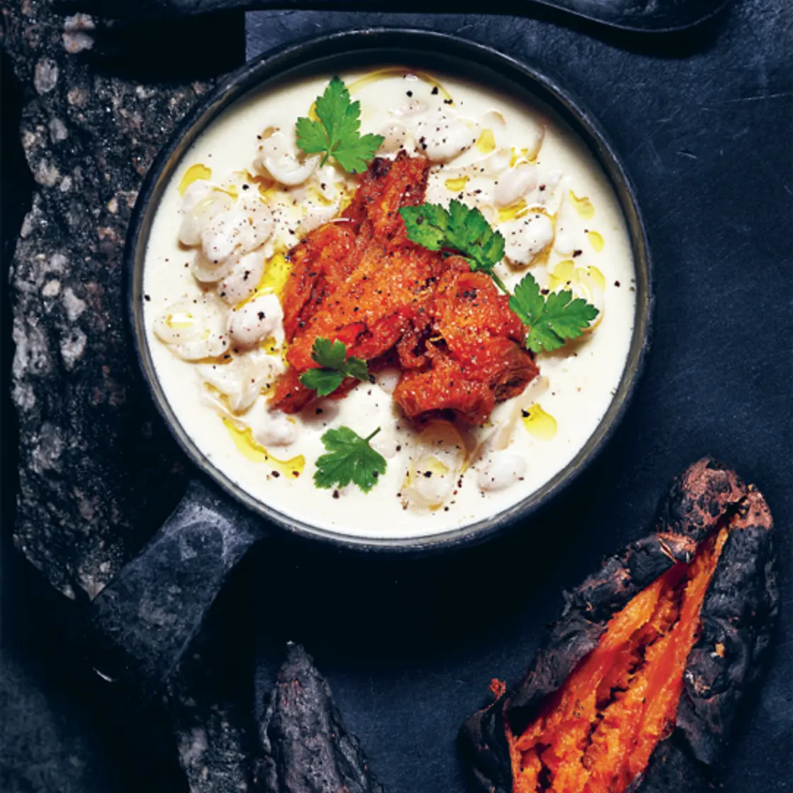 CHARCOAL-ROASTED SWEET POTATO with creamed white beans