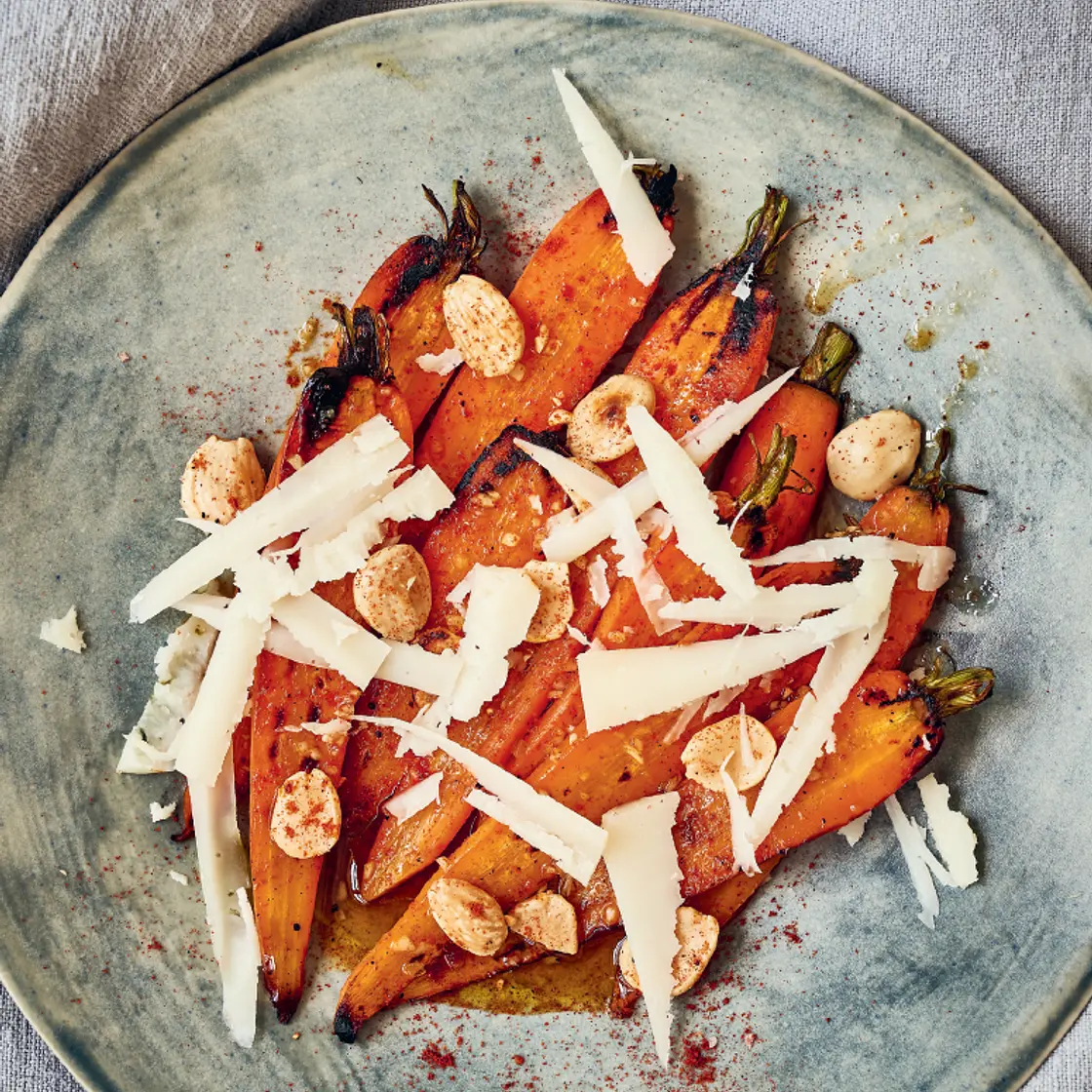 PAN-ROASTED CARROTS WITH STICKY SHERRY DRESSING, TOASTED ALMONDS AND MANCHEGO CHEESE