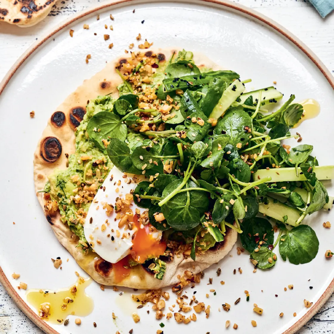 FLATBREADS WITH MASHED AVOCADO, POACHED EGGS, CHILLI, PRESERVED LEMON AND PINE NUTS