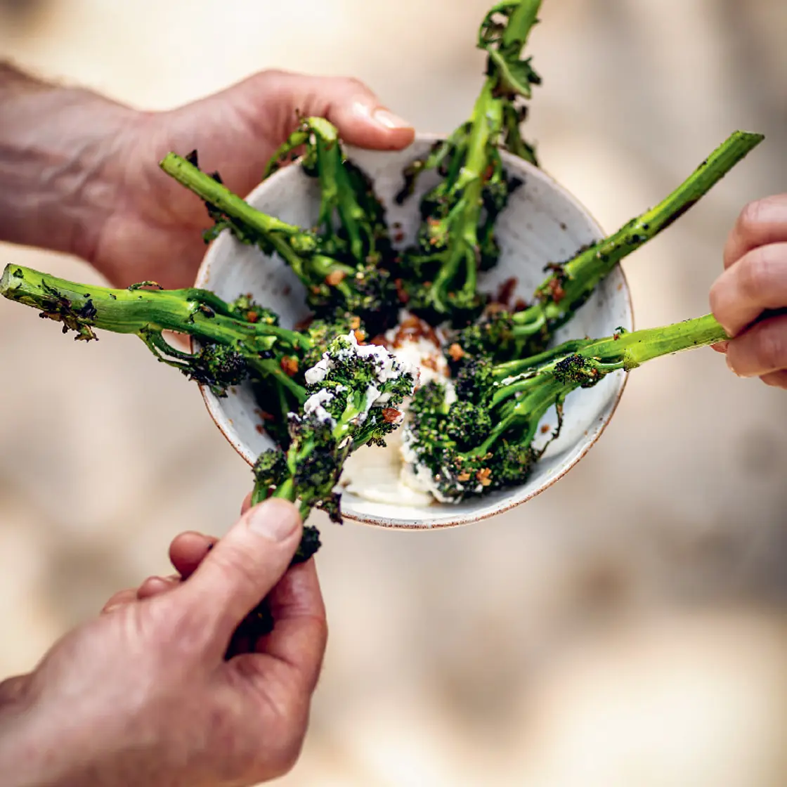BARBECUED BROCCOLI WITH HONEY AND BLUE CHEESE DRESSING