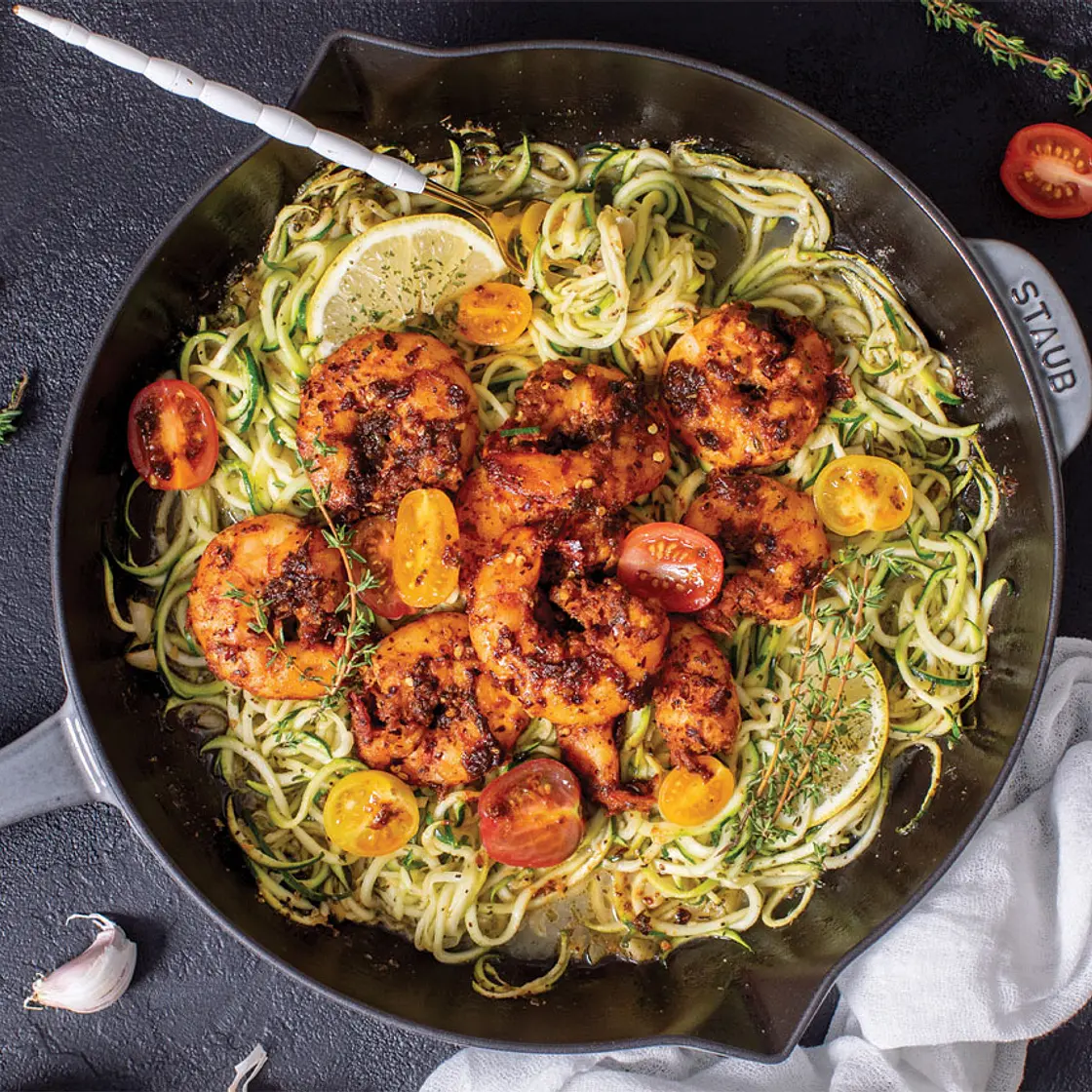 Cajun Shrimp
WITH GARLIC BUTTER ZUCCHINI NOODLES & TOMATOES