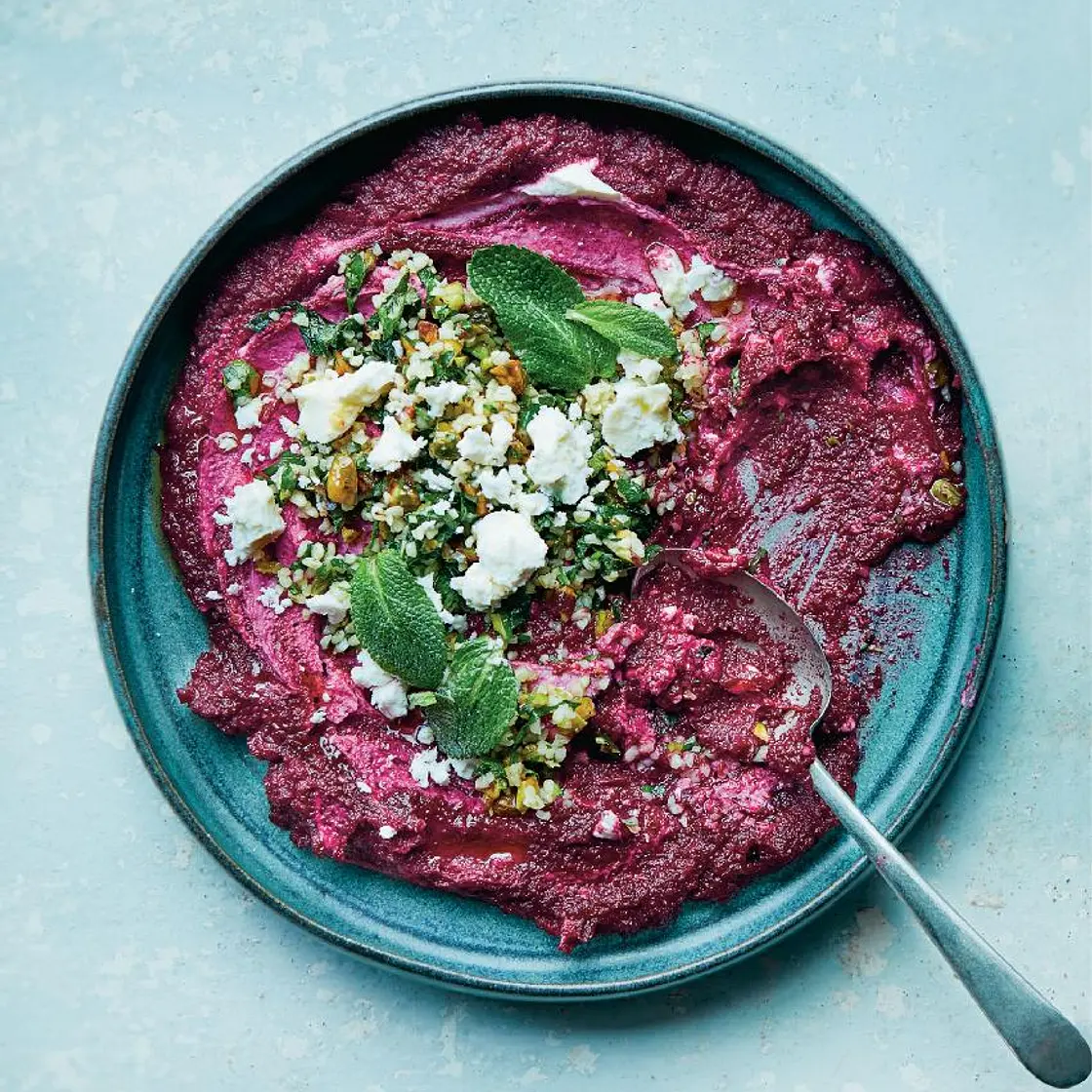 Beet and sweet potato dip with pistachio bulgur
sauce