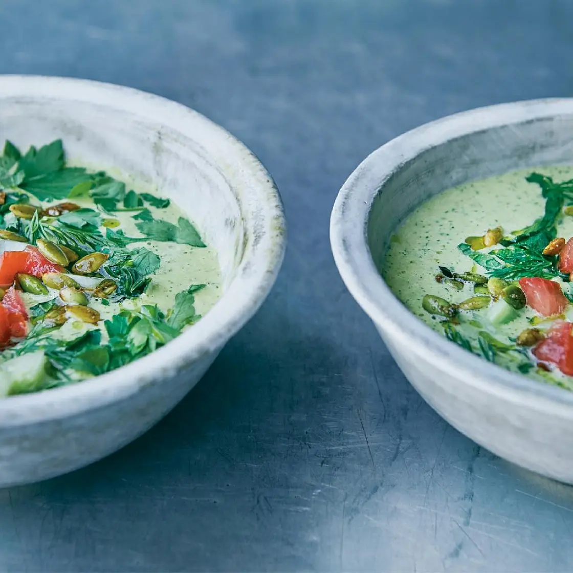 Chilled cucumber and tahini soup with spicy
pumpkin seeds