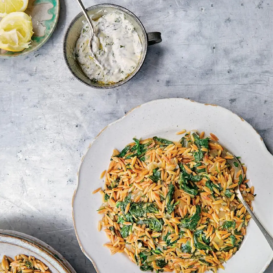 Spinach and toasted orzo with dill and chile yogurt