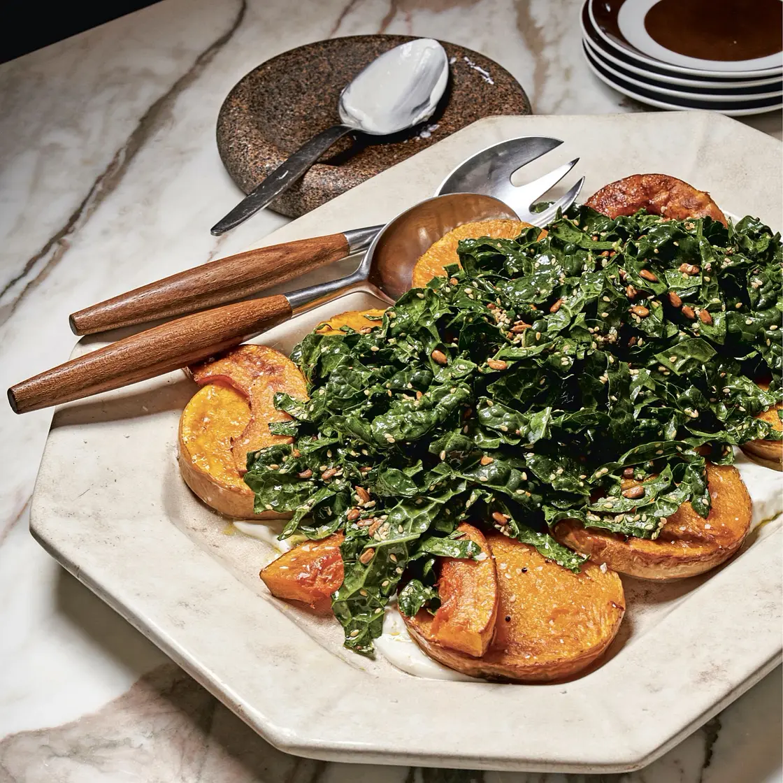 15-Minute Roasted Squash with Spicy Greens and Yogurt
