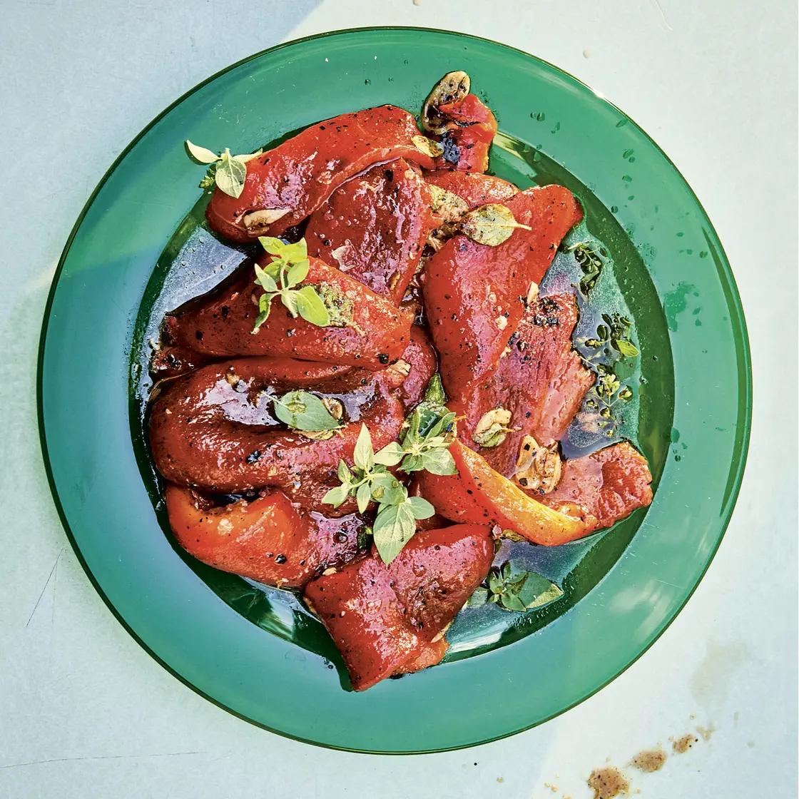 Roasted Red Bell Peppers with Garlic Chips and Sumac