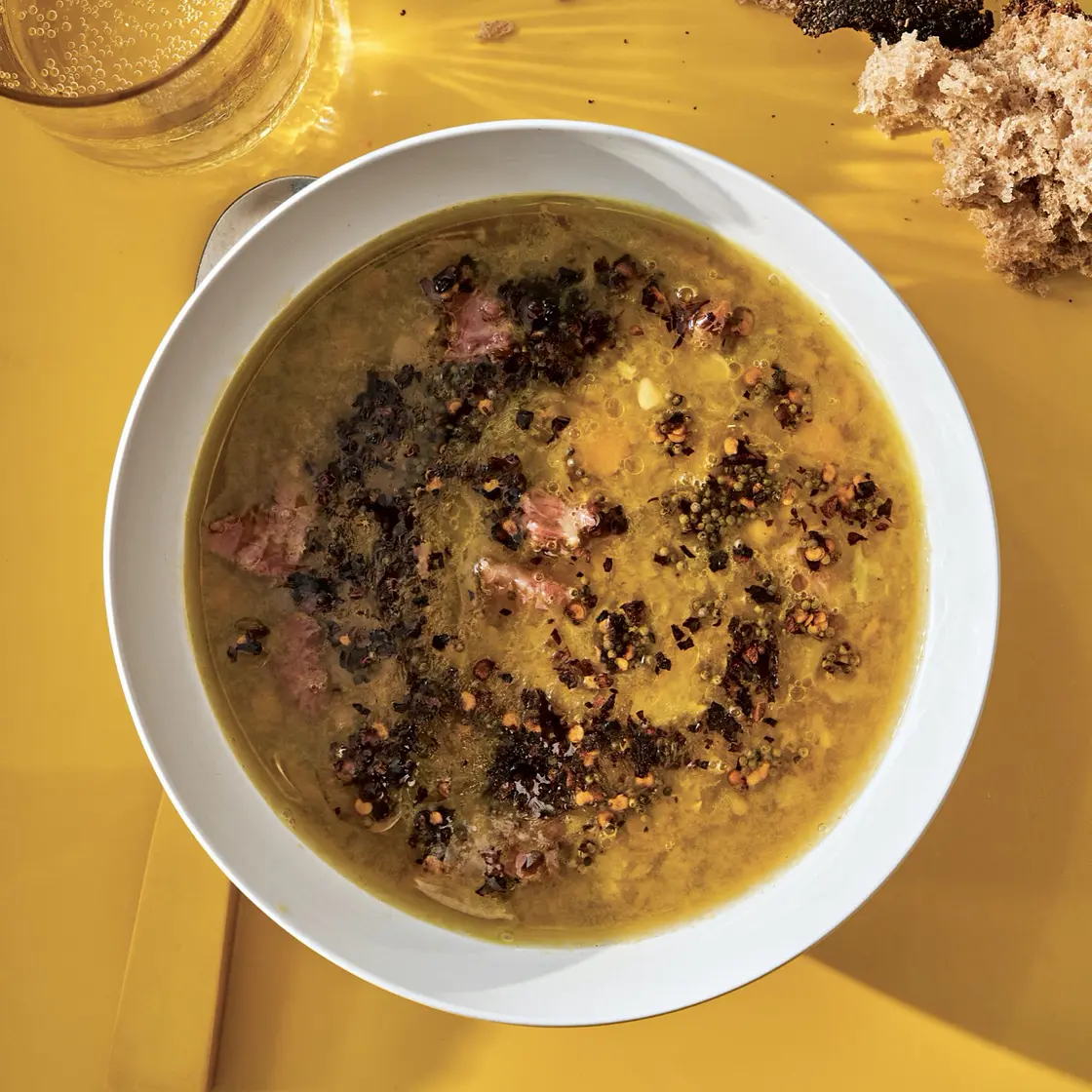 Split Pea Soup and Mustard-Chile Sizzle