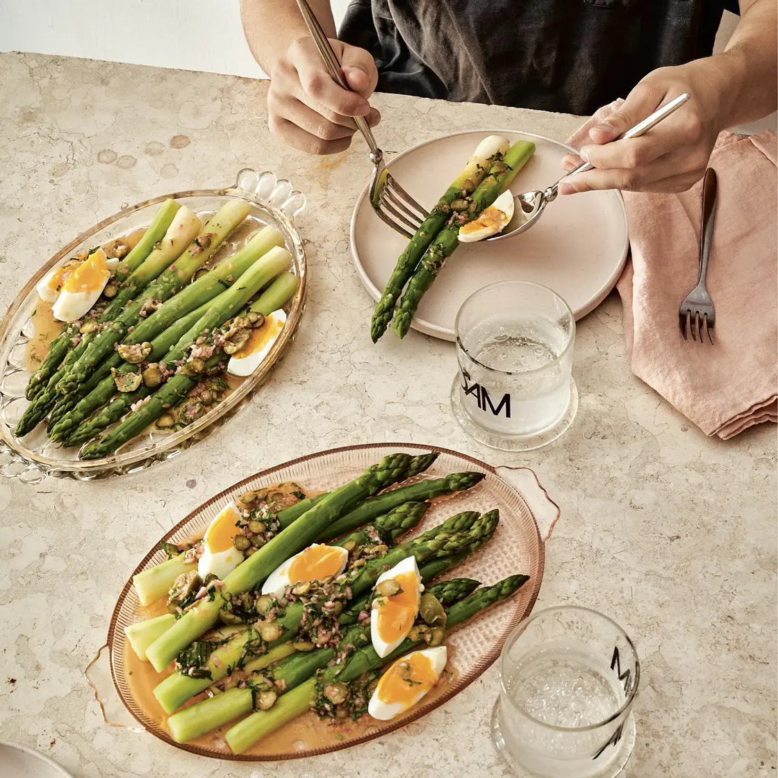 Asparagus with Jammy Egg and Pickle Dressing