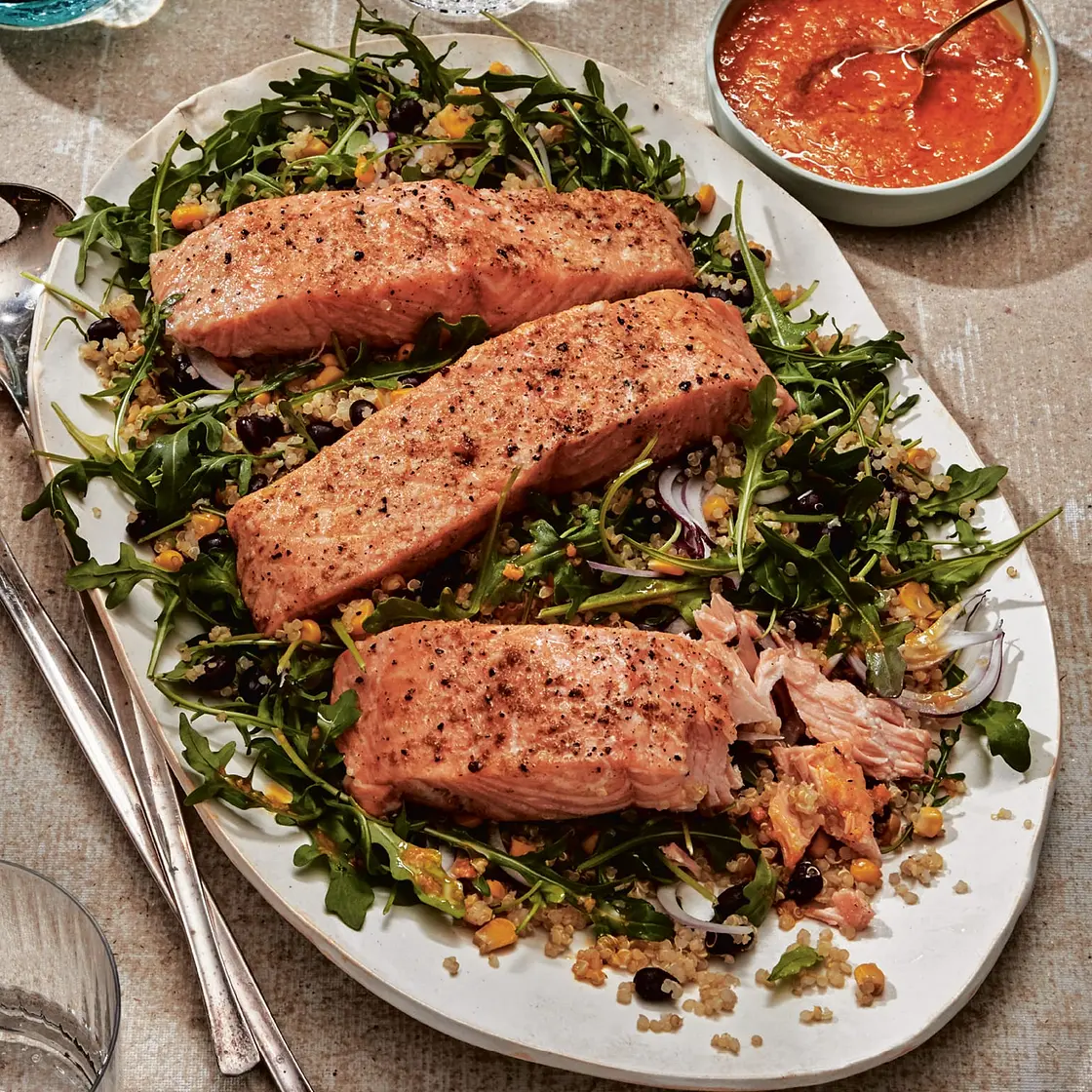 salmon quinoa salad with carrot-ginger-miso dressing
