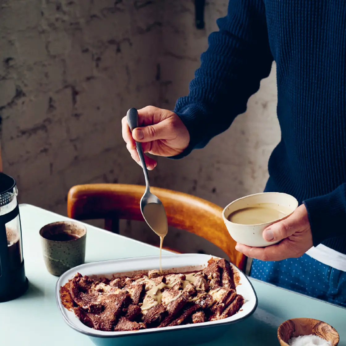 Bitter chocolate and halva bread and butter pudding