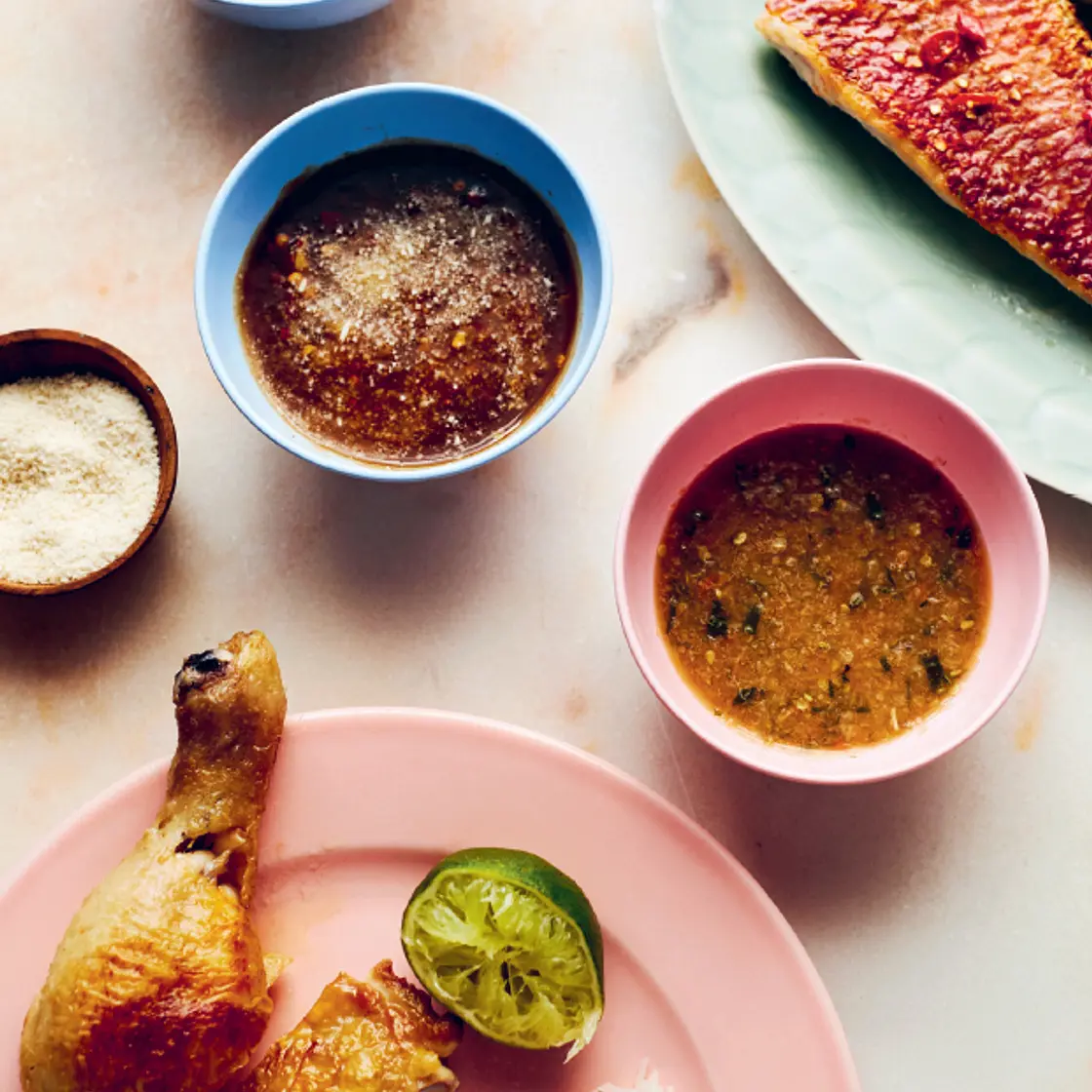 Thai-style dipping sauces with sticky rice