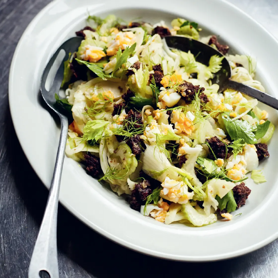 Celery, fennel and egg salad with rye croutons