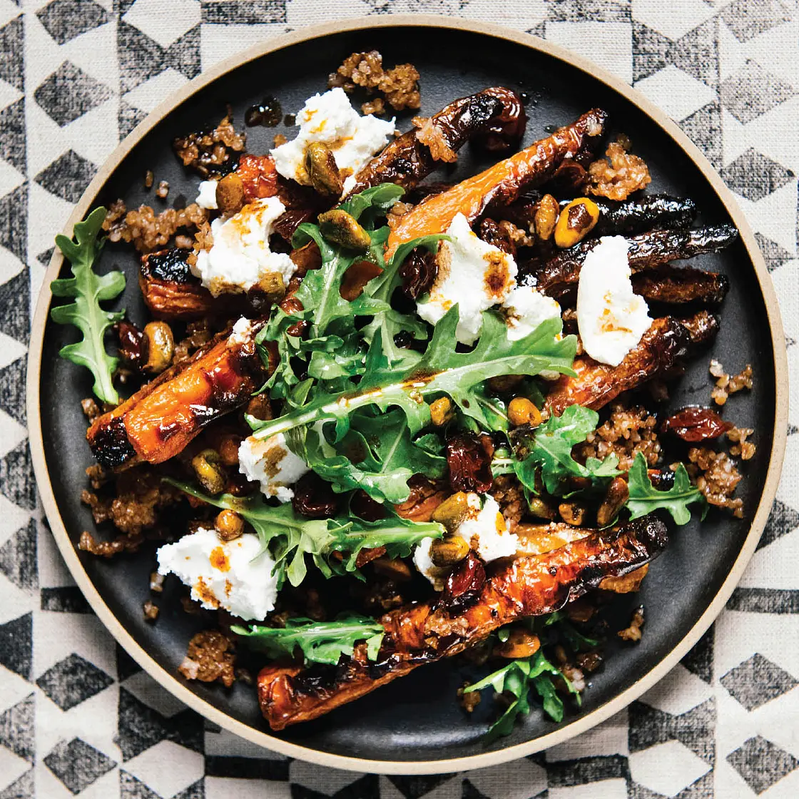 roasted carrots w/crisped bulgur, pistachios, goat cheese, pickled cherries + arugula
