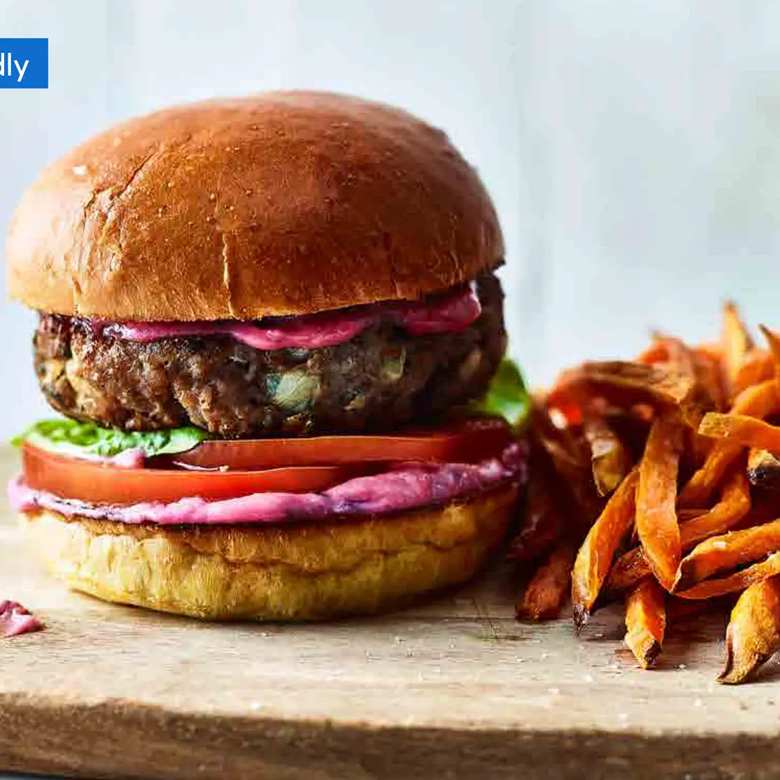 Turkey, sage and onion burger with sweet potato fries