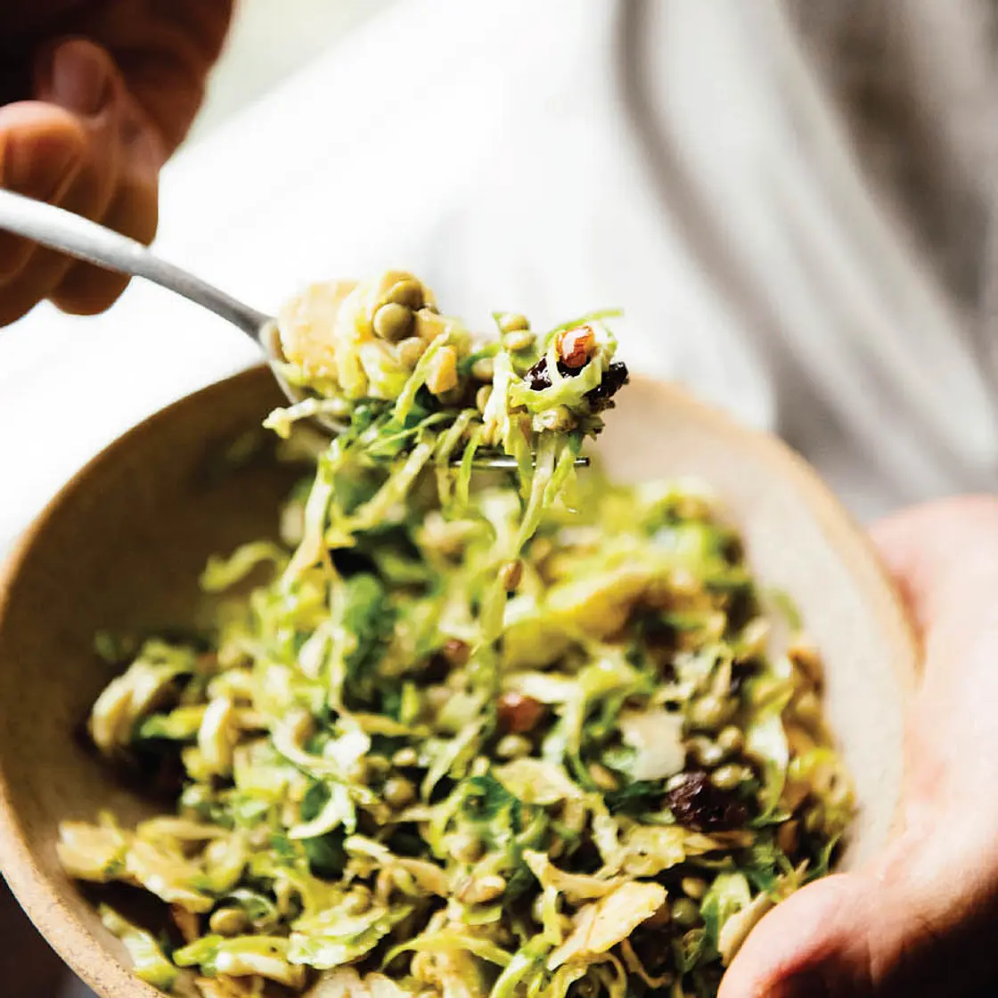 sprouted lentils w/shaved brussels, parmesan + hazelnut rig + 2  variations