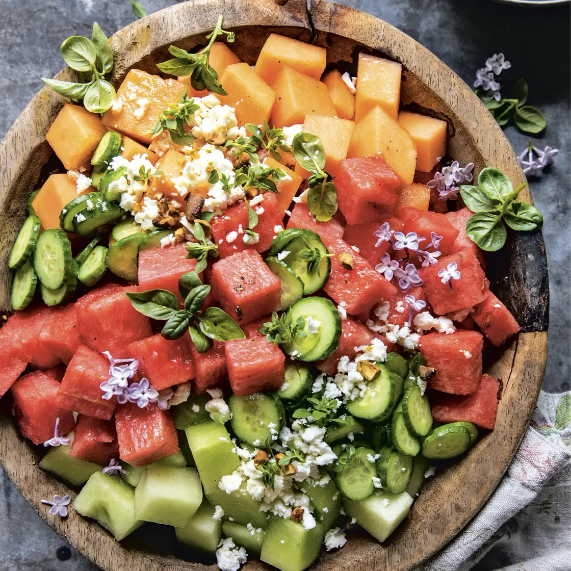 summer melon with cucumber and feta