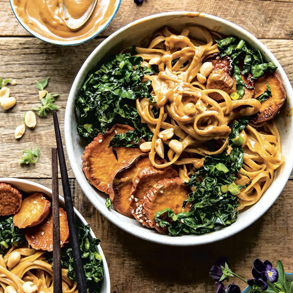 saucy garlic peanut noodles with sesame sweet potatoes