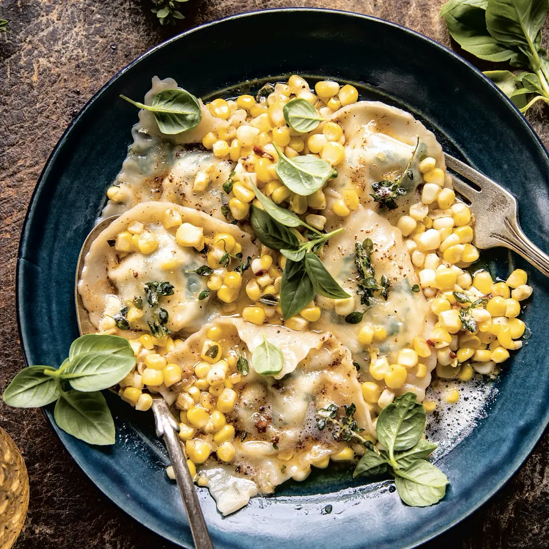 easy ricotta ravioli with lemon herb corn