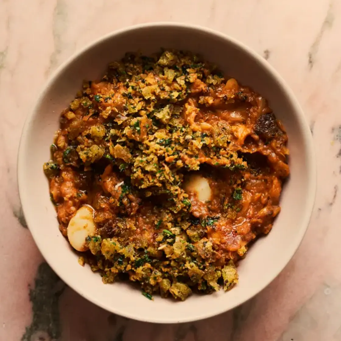 Butter Beans with Harissa, Preserved Lemon, and Gremolata Breadcrumbs