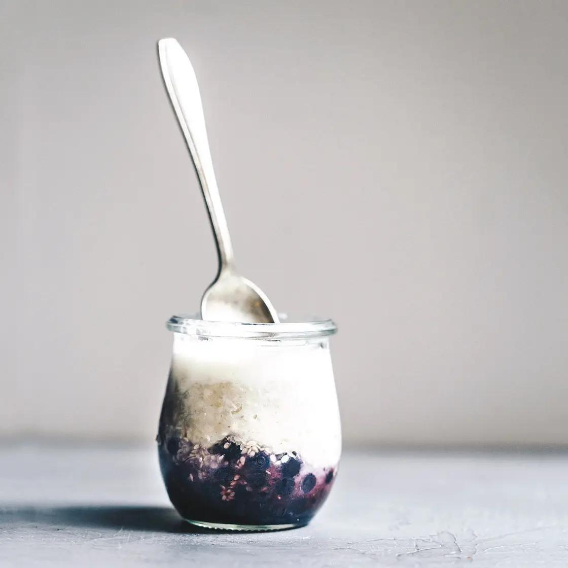 BLUEBERRY BOTTOM BUCKWHEAT WITH TAHINI + MAPLE + CASHEW MILK