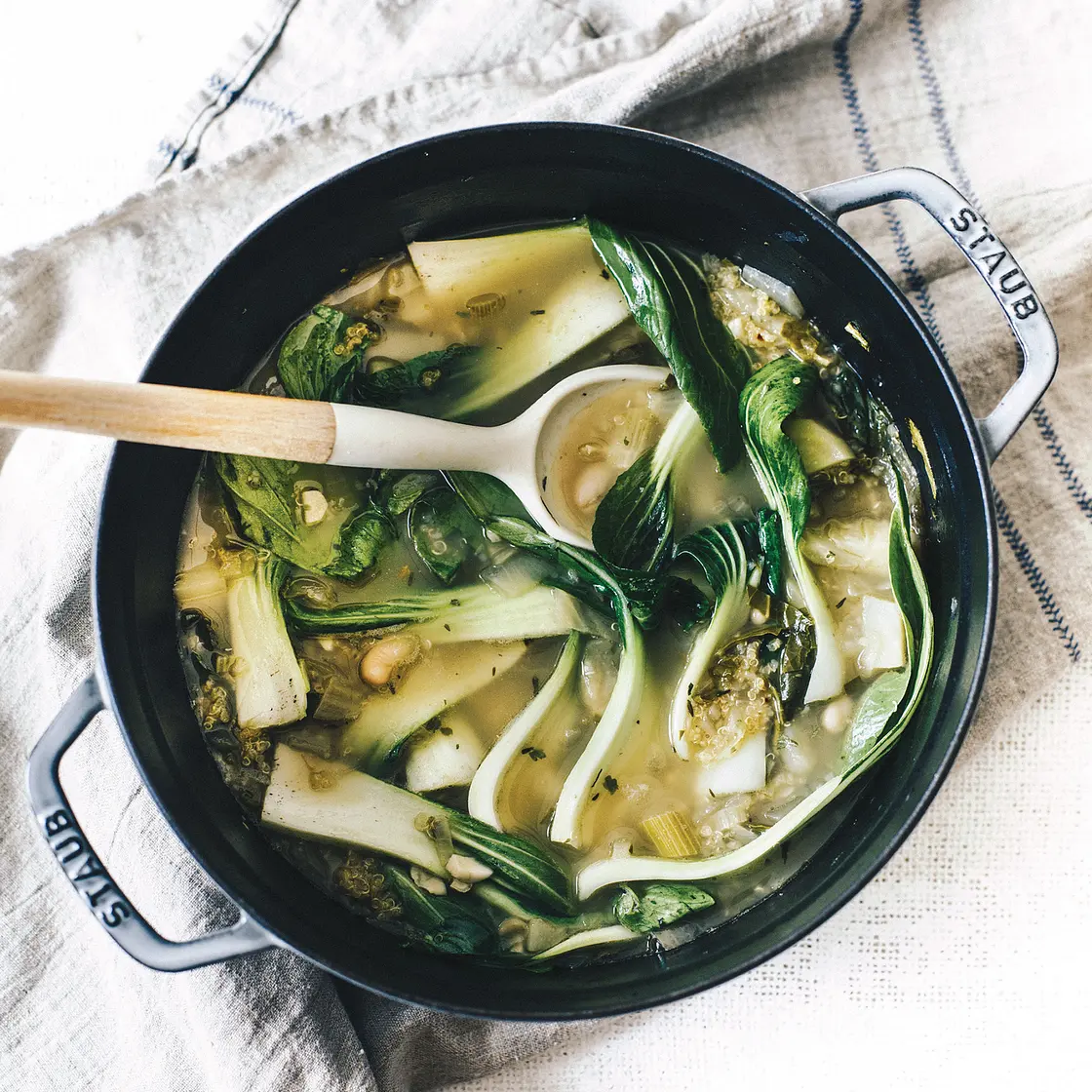 MINESTRONE WITH QUINOA AND ARUGULA + WALNUT PESTO