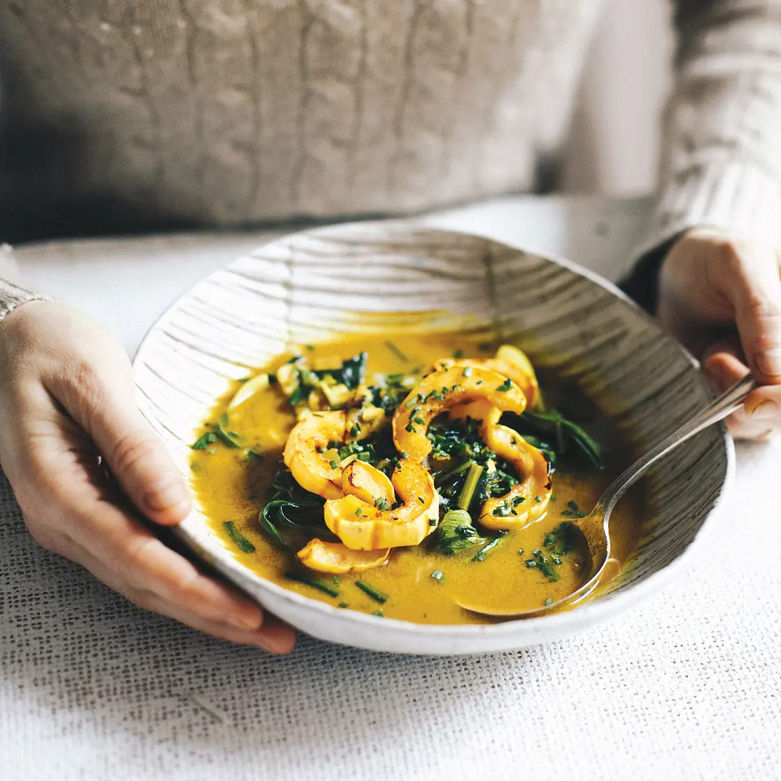 ROASTED DELICATA SQUASH + GREENS + TURMERIC BROTH