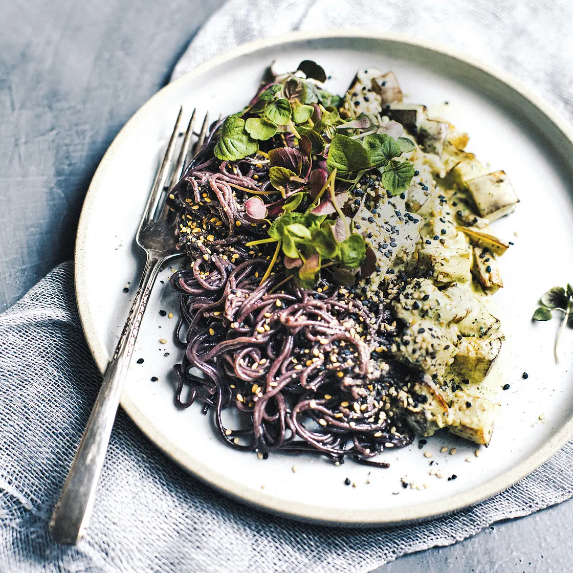 ROASTED EGGPLANT SALAD WITH RICE NOODLES + GREEN HERB TAHINI