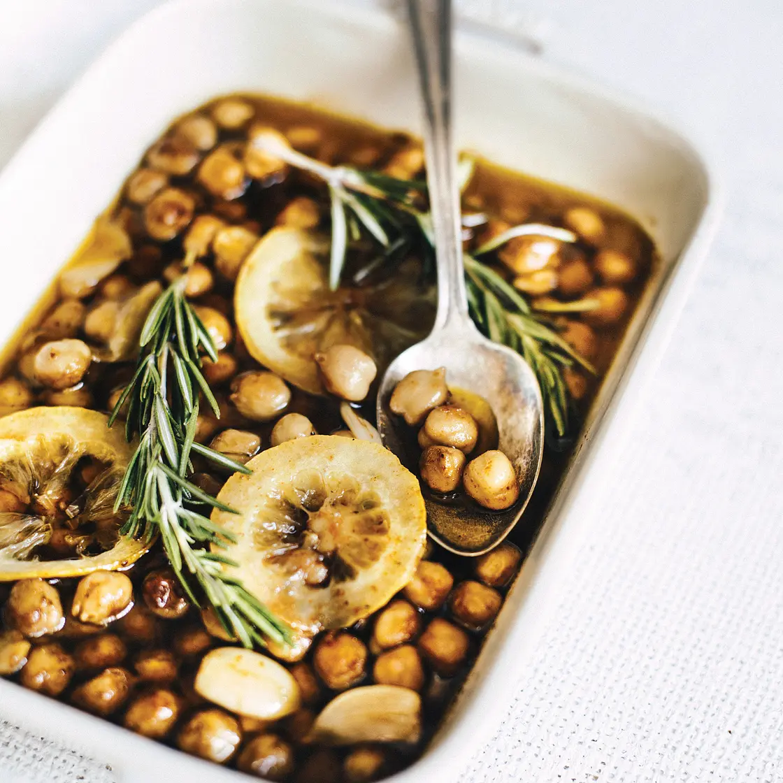 OLIVE OIL BAKED CHICKPEAS WITH LEMON + GARLIC + SHALLOTS