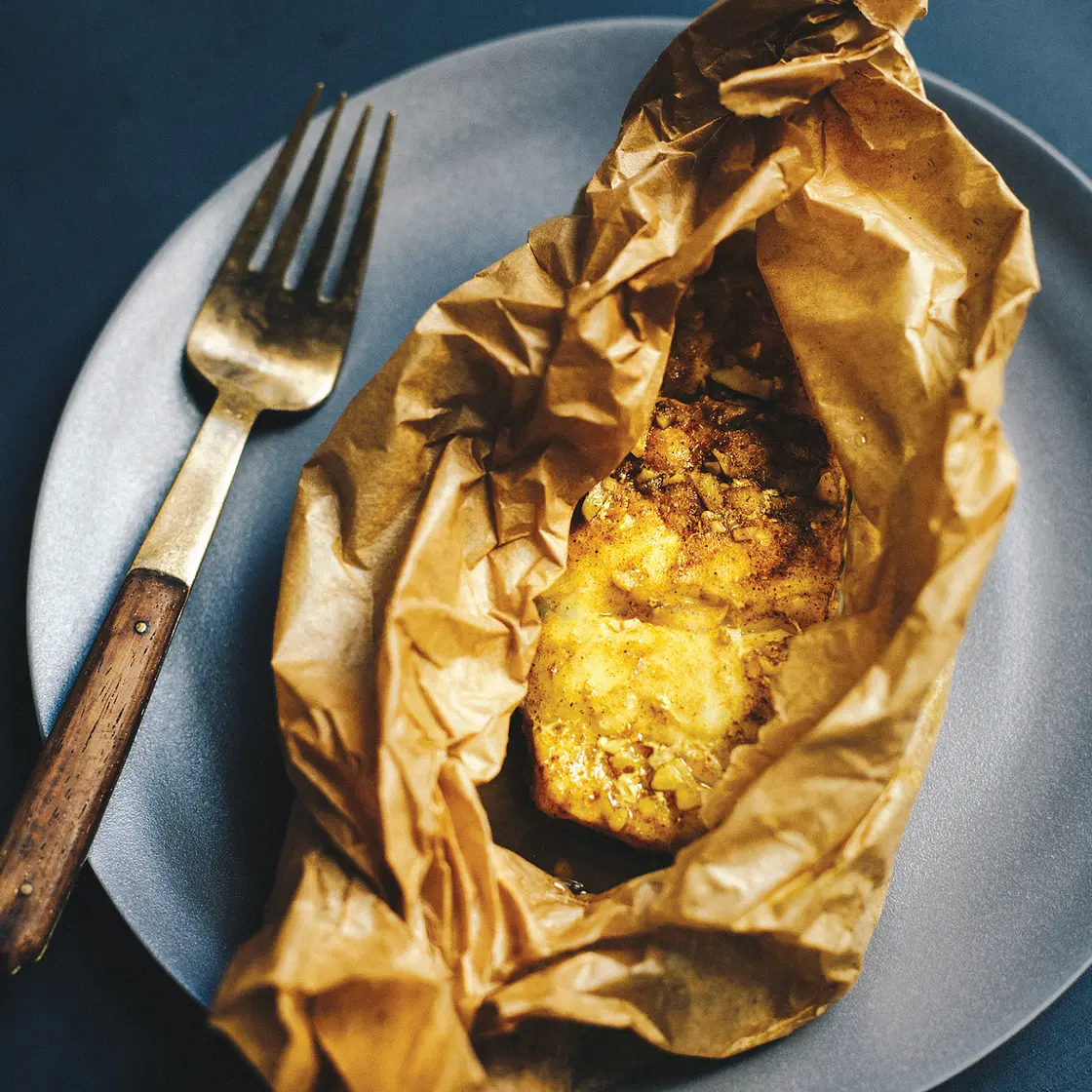 TURMERIC GARLIC-RUBBED FISH IN PARCHMENT
